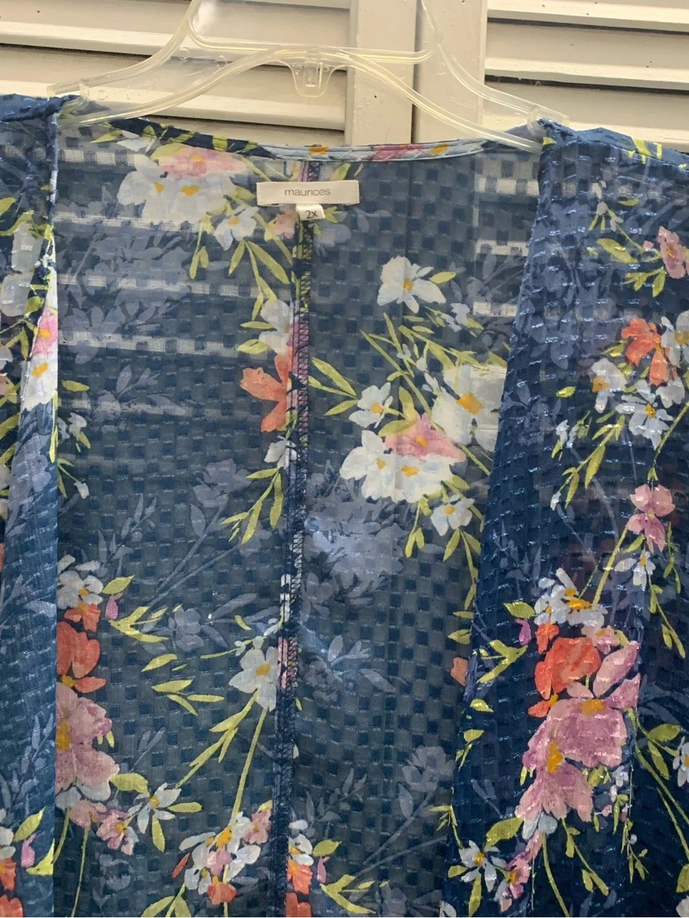Maurices Blue Floral Textured Sheer Long Kimono Cardigan With Tiered Ruffle Hem - Picture 4 of 8